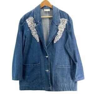 Pado Made in USA Vintage Denim Embroidered Beaded Long Blazer Jacket Women M